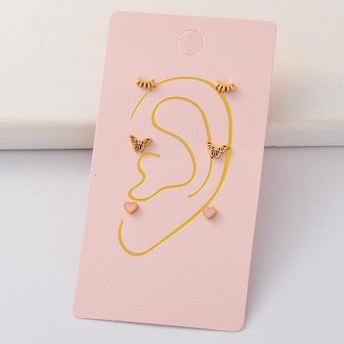 Acero Inoxidable Butterfly Eyelash Heart Stainless Steel 18k Gold Plated Tiny Earring Sets -SSEGG143-35305