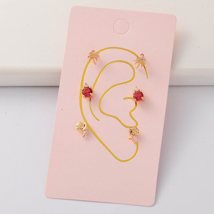 Oro Laminado Cartilage zircon cubique minuscules ensembles de boucles d'oreilles fleur de palmier -BREGG143-35273