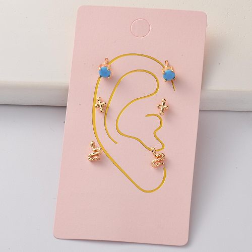 Oro Laminado Torquoise Cartilage cubic zircon tiny snake cross earring Sets -BREGG143-35267