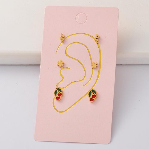 Acero Inoxidable Stainless Steel Flower Snake Cherry 18k Gold Plated Tiny Earring Sets -SSEGG143-35327