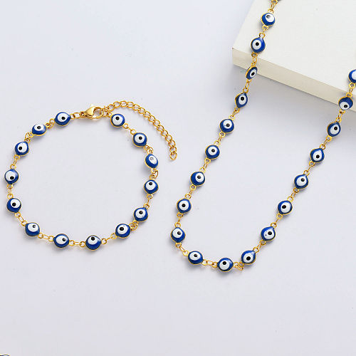 Wholesale Blue Evil Eye Gold Plated Necklace And Bracelets
