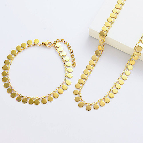 Conjunto de pulseiras e designs de colar de folha longa banhados a ouro Atacado