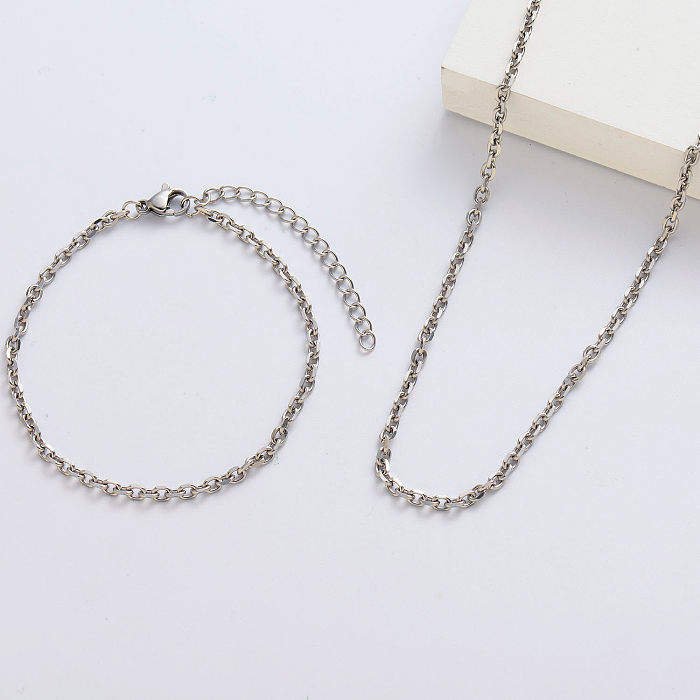 Gros collier long simple et bracelet en plaqué argent pour femme
