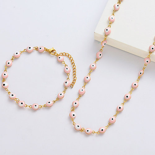 Pink Evil Eye Gold Plated Necklace And Bracelets For Women