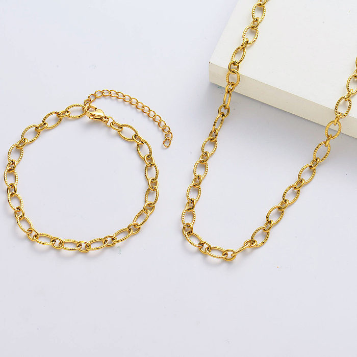 Conjuntos de pulseiras e colares ovais simples banhados a ouro para mulheres