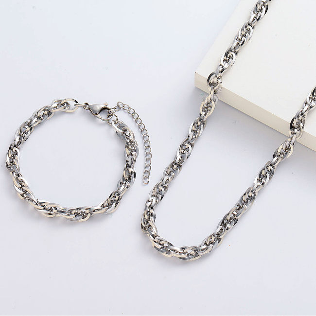 Conjuntos de cadena y pulsera de collar crudo plateado plata de moda para mujer