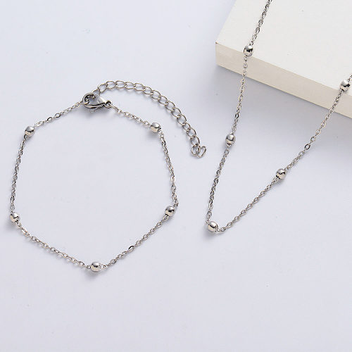 Conjuntos de colares de miçangas personalizados e pulseiras de aço banhado a prata para namorada