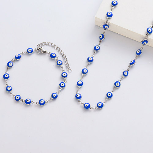 Colar e pulseiras de prata de aço inoxidável azul olho mau para mulheres
