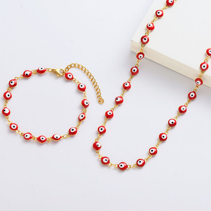 Collar y pulseras chapados en oro Red Evil Eye para mujer