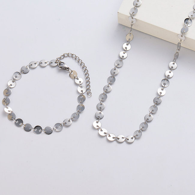 Silver Plated Simple Circle Necklace And Bracelet Sets