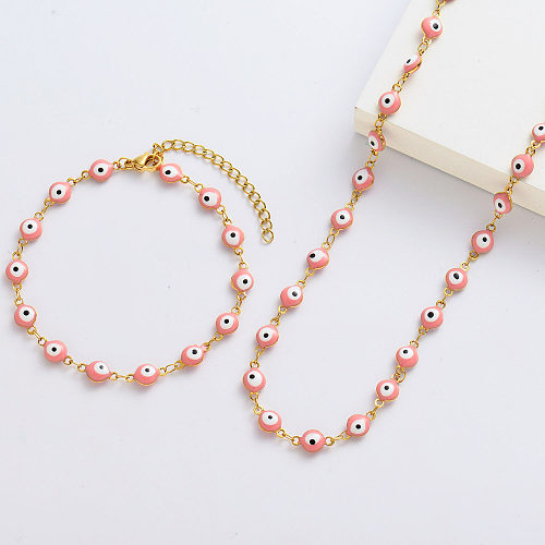 Wholesale Pink Evil Eye Gold Plated Necklace And Bracelets