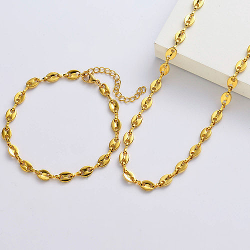 Chaîne et bracelets ovales en relief plaqués or à la mode pour femmes