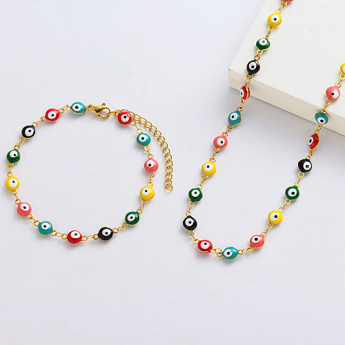 Gold Stainless Steel Multiple Colors Evil Eye Necklace And Bracelets