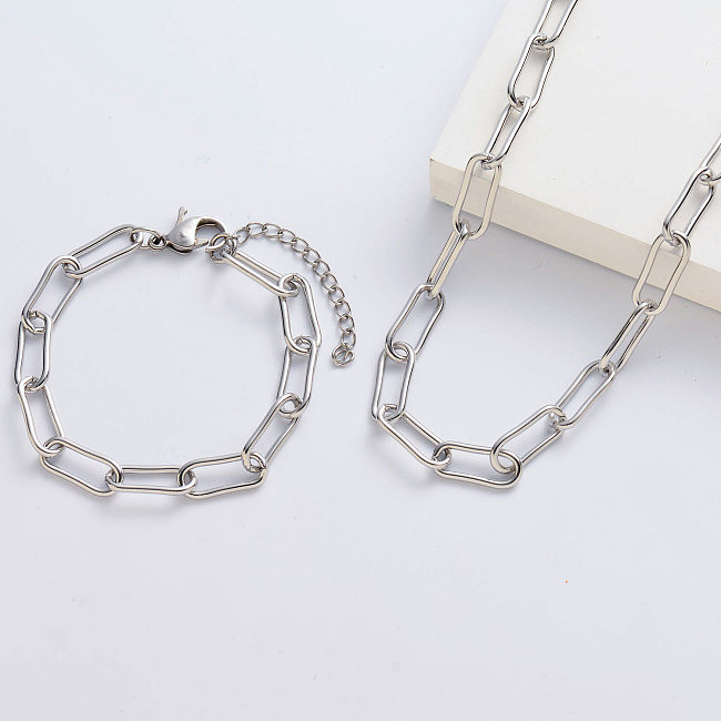 Conjuntos de cadena y pulsera de rectángulo redondo plateado plata al por mayor para mujer