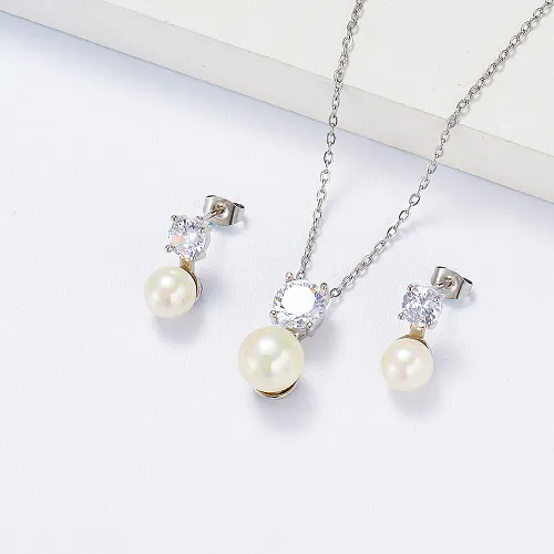 diamond with pearl necklace silver earrings jewelry set