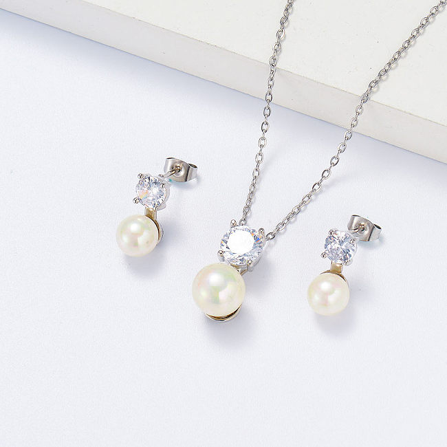 diamond with pearl necklace silver earrings jewelry set