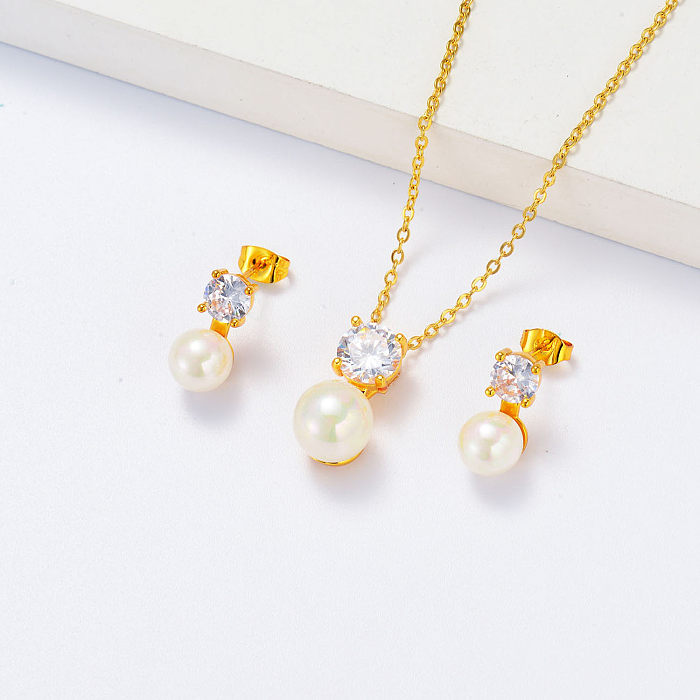 simple zirconia with pearl necklace earrings jewelry set