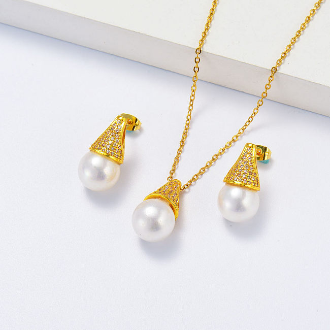 Wassertropfen Perle mit Zirkonia Ohrringe Halskette Schmuckset