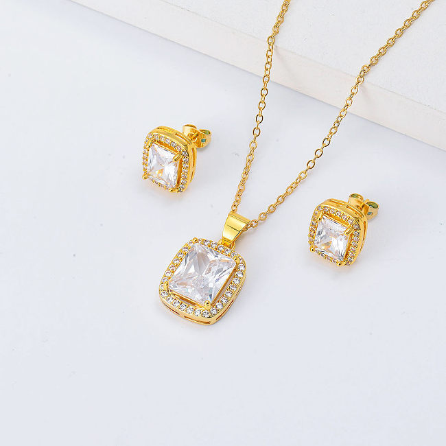 gold plated statement sqaure zirconia bridal jewelry set