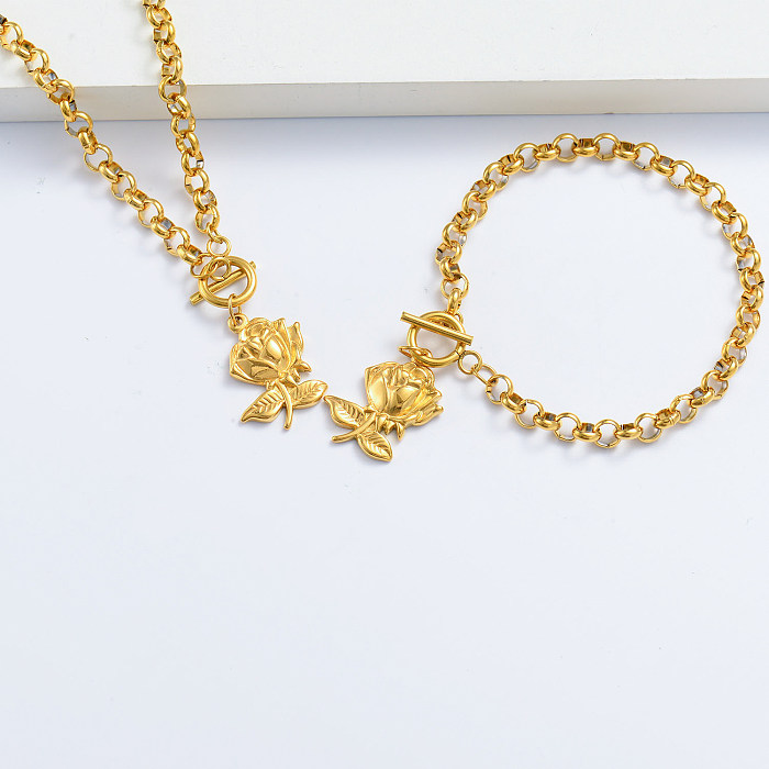fashion gold plated rose bracelet and necklace set