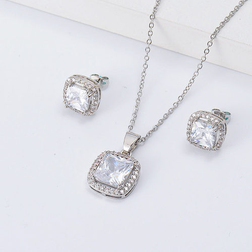 silver square zirconia party jewelry set