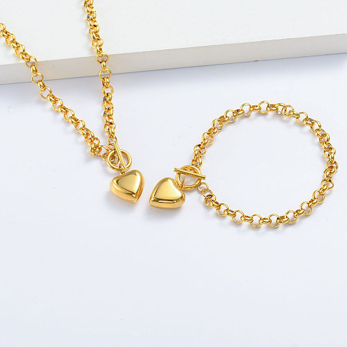 conjunto de pulsera y collar de cadena de corazón chapado en oro