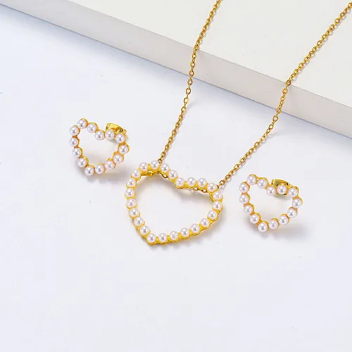 classic full pearl hollow heart earrings necklace set