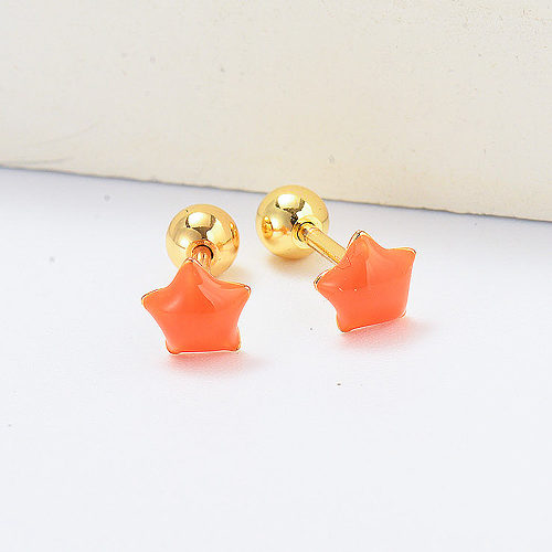 orange enamel star gold plated piercing earrings