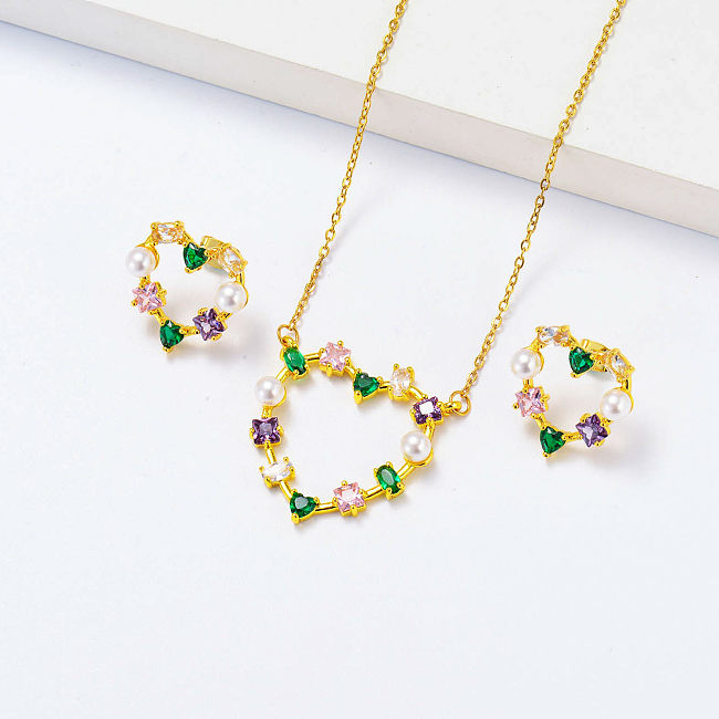 zircônia colorida com brincos de pérola coração oco colar conjunto de joias