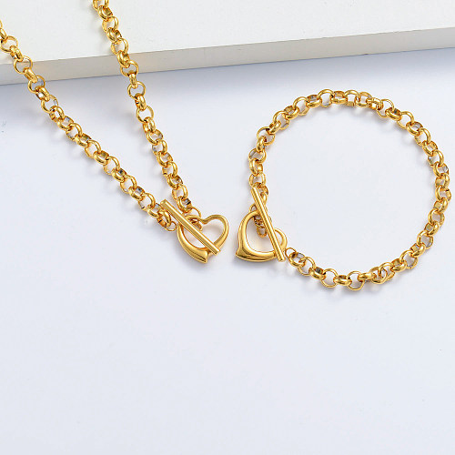 ensemble bracelet et collier coeur creux plaqué or