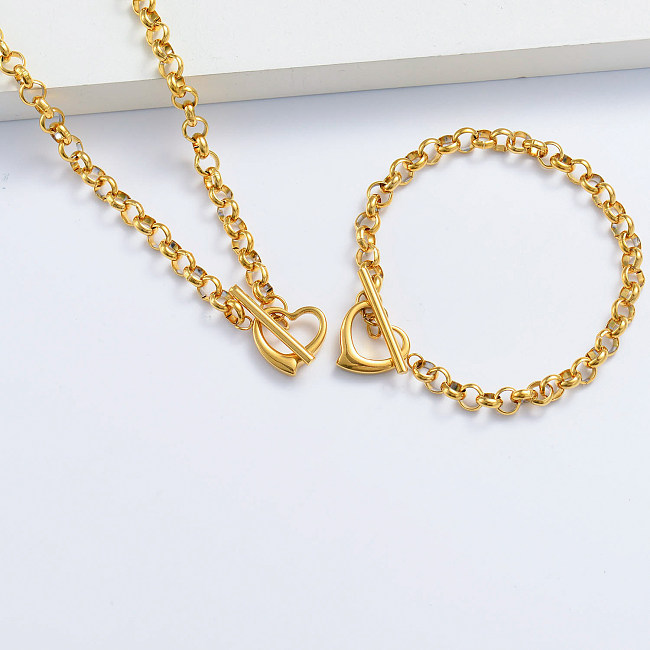 gold plated hollow heart bracelet and necklace set