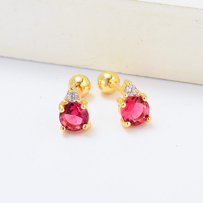 boucles d'oreilles piercing plaqué or avec pierre de naissance en zircone rouge rose