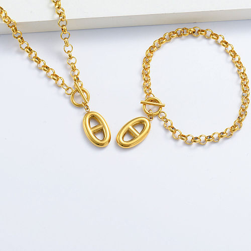 conjunto de pulseira e colar de pingente banhado a ouro fashion