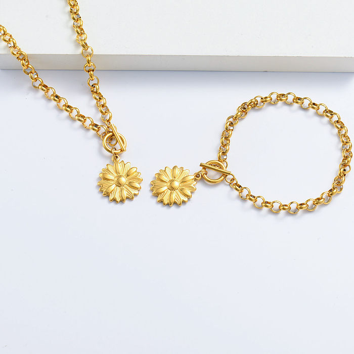 Set aus 18 Karat vergoldetem Sonnenblumenarmband und Halskette