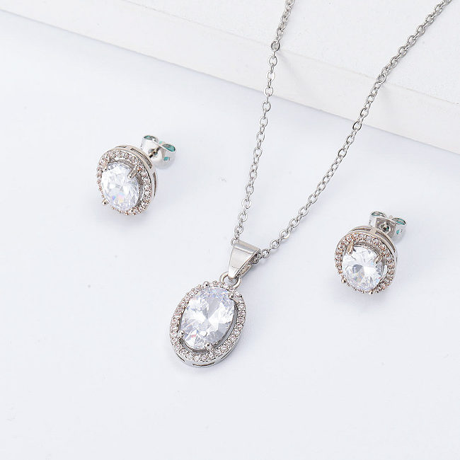 luxury oval zirconia silver earrings necklace set