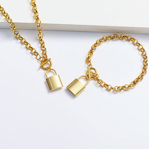 18k gold plated lock bracelet and necklace set