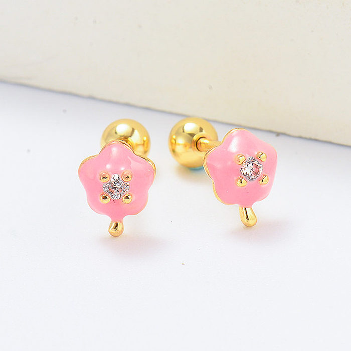 pink enamel flower gold plated piercing earrings