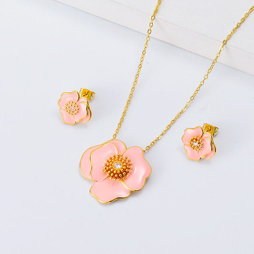 pink enamel flower summer earrings necklace set