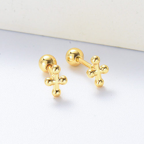mini brincos de piercing de cruz banhados a ouro