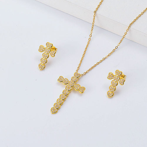 full setting zirconia cross necklace with earrings set