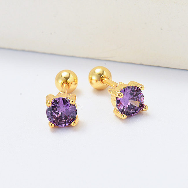 purple zirconia birthstone gold plated piercing earrings