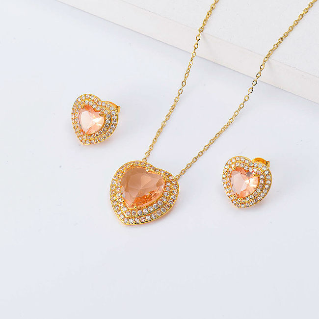 luxury pink crystal heart jewelry set