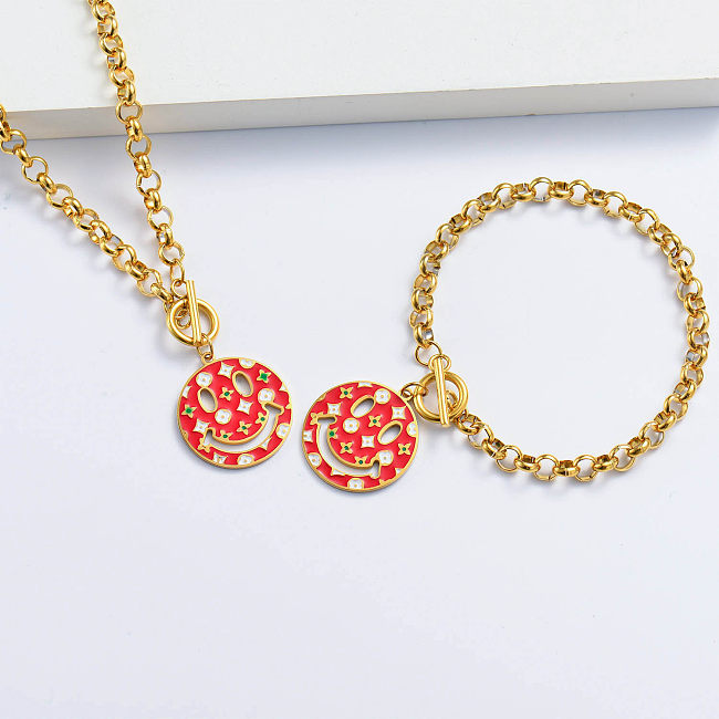 18k gold plated red smily with clover bracelet and necklace set