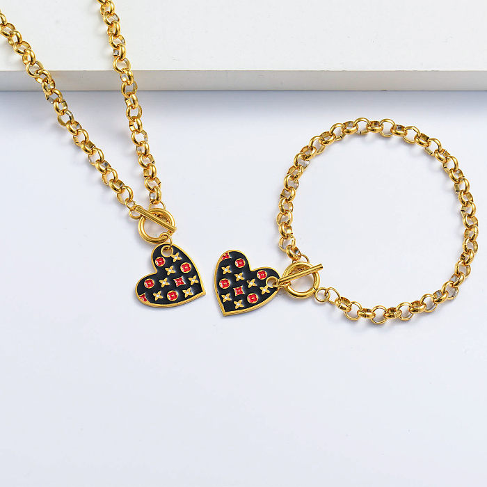 vergoldetes schwarzes Herz mit Kleeblatt-Armband und Halsketten-Set