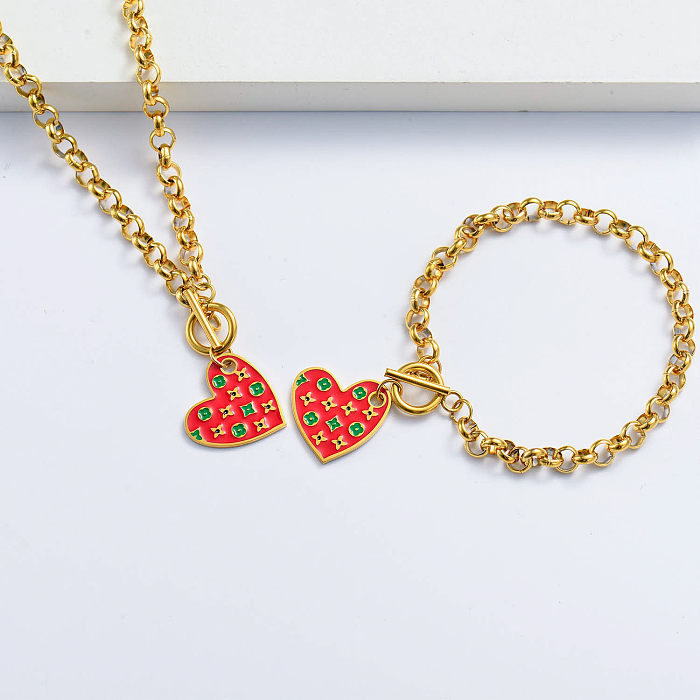 gold plated red heart with clover bracelet and necklace set
