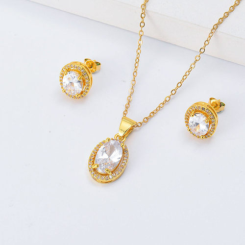 luxury oval zirconia gold earrings necklace set