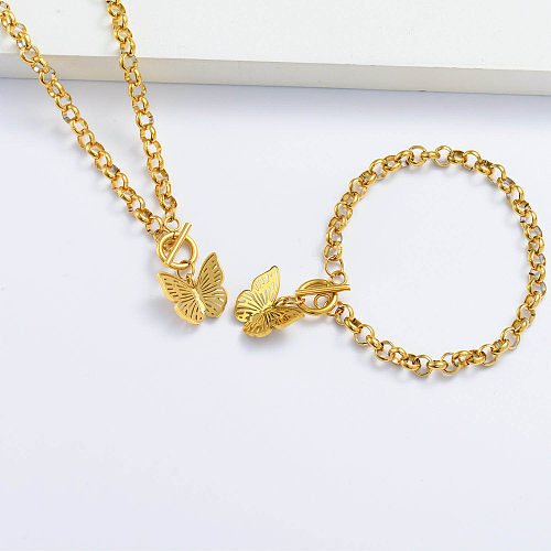 Conjunto de collar y pulsera de mariposa bañado en oro de 18k