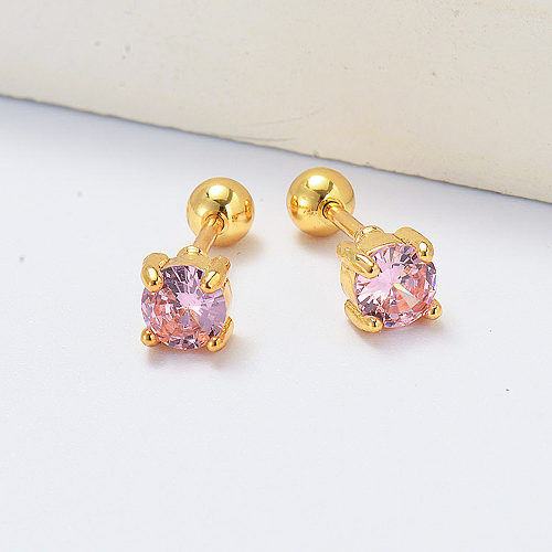 Pendientes piercing chapados en oro con cuarzo rosa