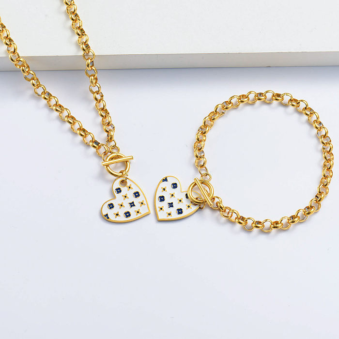 gold plated white heart bracelet and necklace set