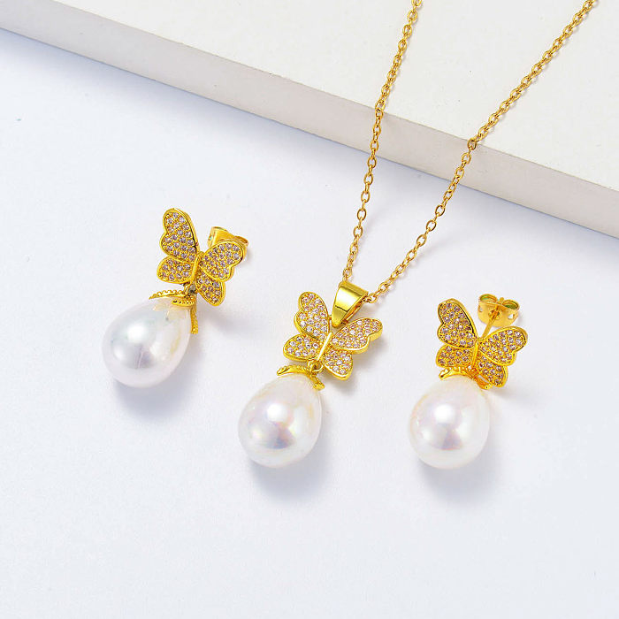 gold plated butterfly with pearl earrings necklace jewelry set